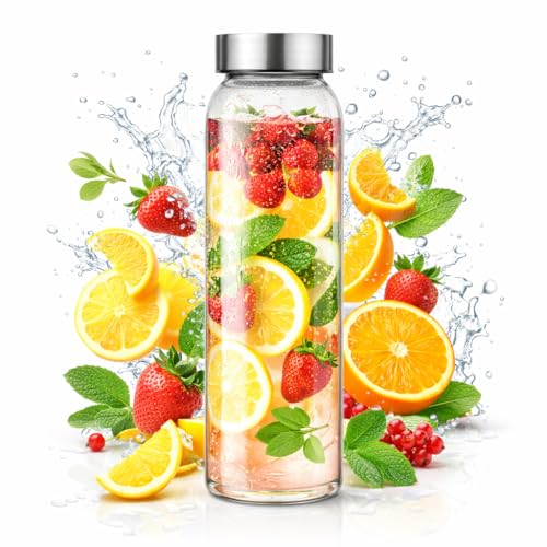 Image of Vasukie Glass Water Bottles, Glass Fridge Water Bottle with Steel Cap, Wide mouth Leak proof & detox water bottle glass, water bottle for fridge, fridge bottle set of 6-750 ML (6 BOTTLE)