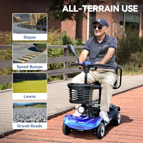 WheelWavi 4 Wheel Compact Mobility Scooter,Foldable Electric Scooter for Seniors and Adults, Heavy Duty Travel Model with Lights, Basket, and Long-Lasting Battery (Blue)