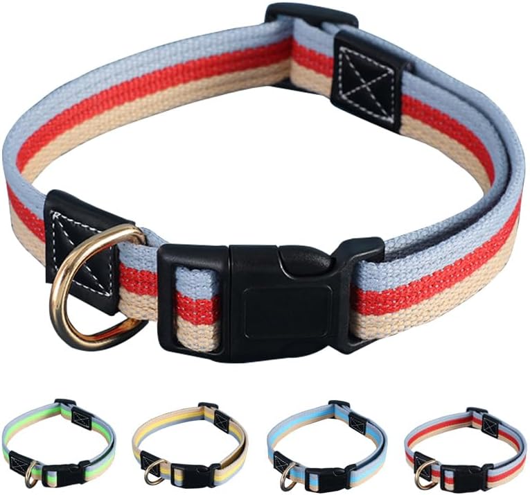 Collar ajustable de tela de polialgodón para perros pequeños, medianos y grandes, con anillo en D de metal sólido, cuello M rojo, 13-20 pulgadas