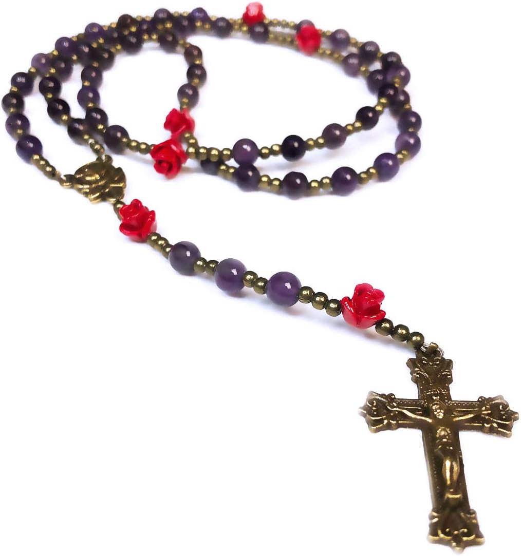 Our Lady of Lourdes Purple Amethyst Stone and Red Rose Rosary Beads Catholic for Women - Catholic Gifts - Rosary Necklace for Women - Image 2