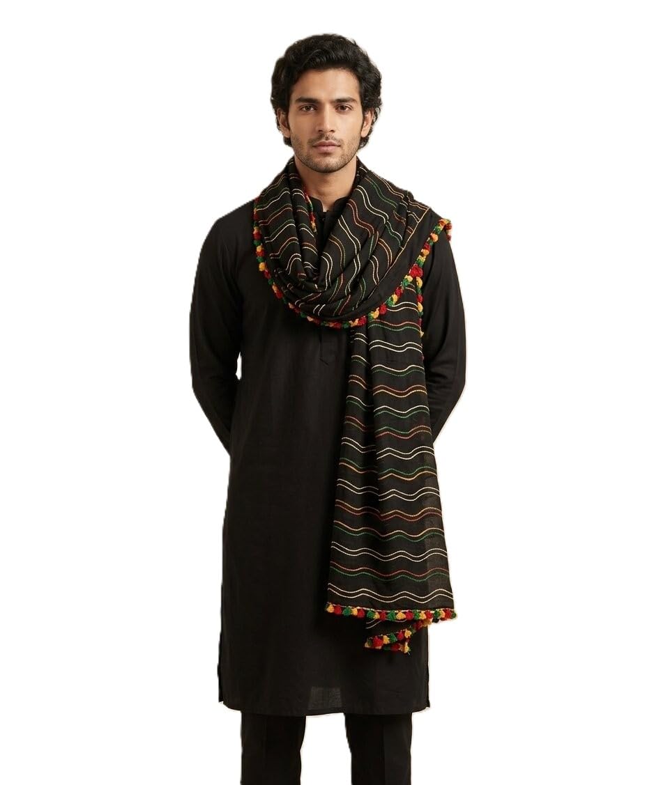 muffly Men's Nazneen Chiffon Embroidered Striped Dupatta with Tassel Border | Lightweight Dupatta for Kurta Sherwani-picture-12