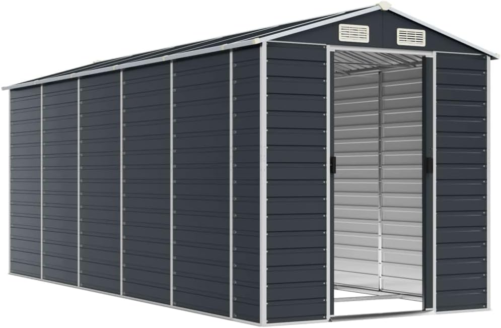 The vidaXL Galvanized Steel Garden Shed with its double doors open, revealing the interior storage space.
