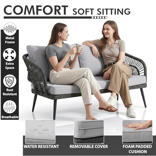 Image of Amazon Brand - Solimo Solix Outdoor Rope Sofa Set | Balcony Sofa | Patio Conversation Sets | Braided Rope Garden Sofa Set and Center Table (4 Seater-Grey)