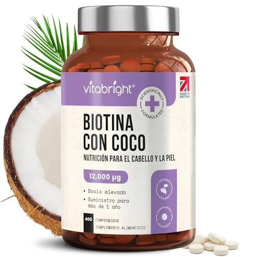 Biotina Para el Cabello, Piel y Uñas Ultra Fuerte 12.000 µg Pastillas | Suministro para 1 Año | Biotina con Coco Anticaida y Crecimiento Cabello Mujer | B7 Vitaminas Para el Pelo | VitaBright Biotin