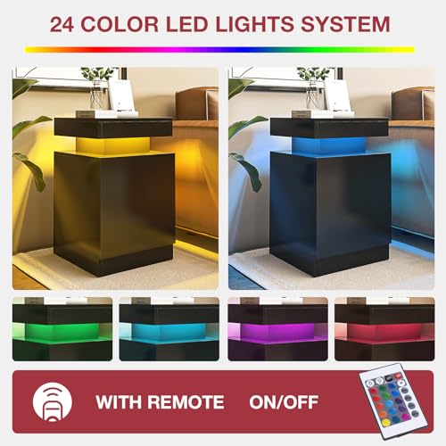 OneBlis LED Nightstands Set of 2, 17 Inches Night Stand Set 2, Modern Bedside Table with LED Lights, High Gloss Surface, End Table with Storage for Bedroom, Black - Thumbnail 5