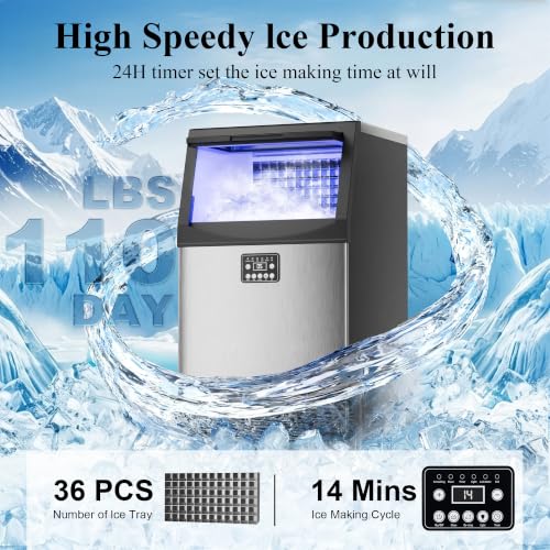 Image of Mountman Commercial Ice Maker,110lbs /24H,36 Cubes in 14 Mins,Stainless Steel Ice Machine with 33lbs Storage Capacity,Self-Cleaning,Water Filter,Under Counter /Freestanding Ice Maker for Cafe,Home