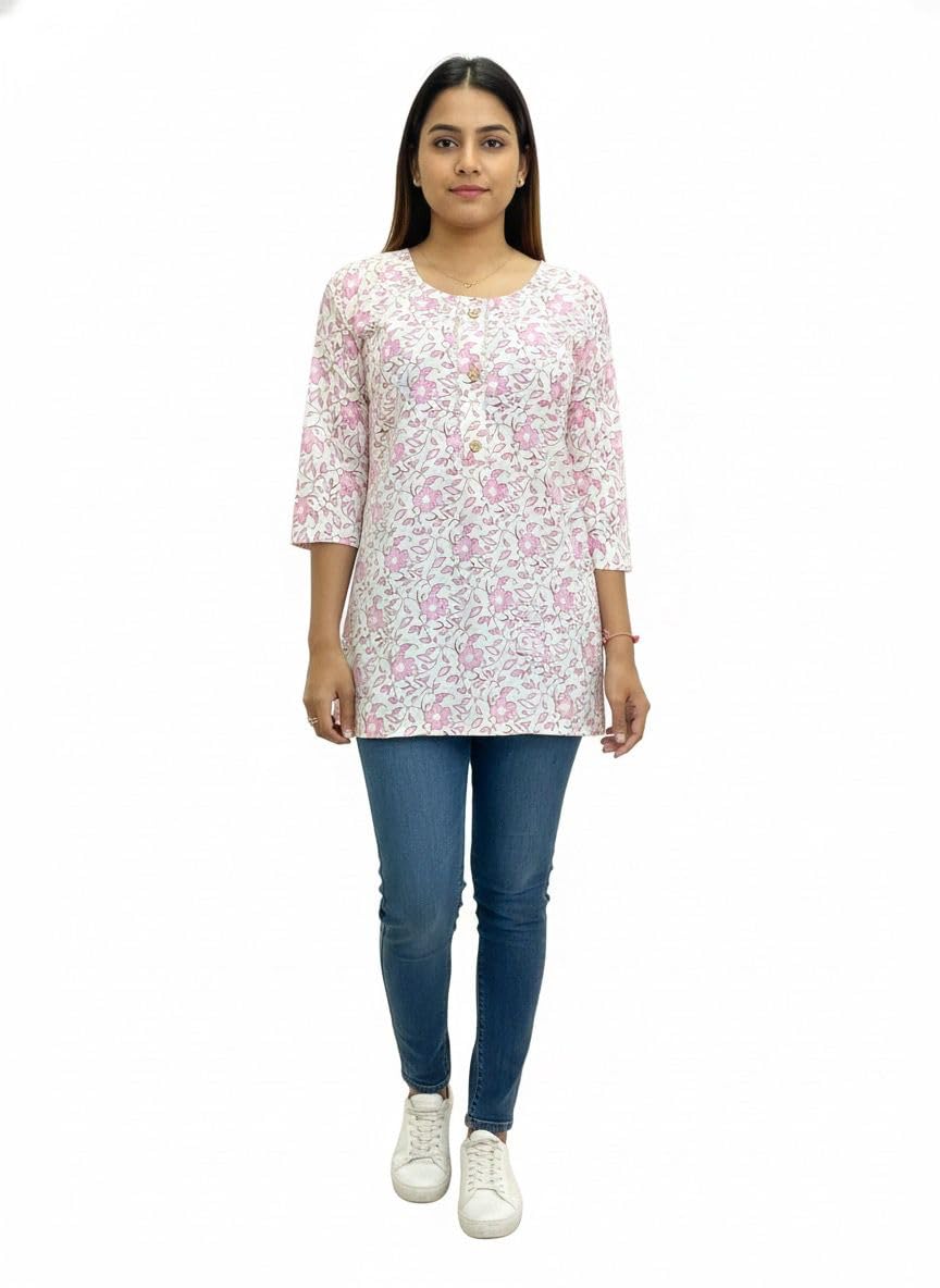 MUL Cotton Short Kurti for Women – White Pink Floral Vine Block Print, 3/4 Sleeve Round Neck with Wooden Button Placket | Soft Lightweight Ethnic Top | Casual, Summer, College, Gifting-picture-58
