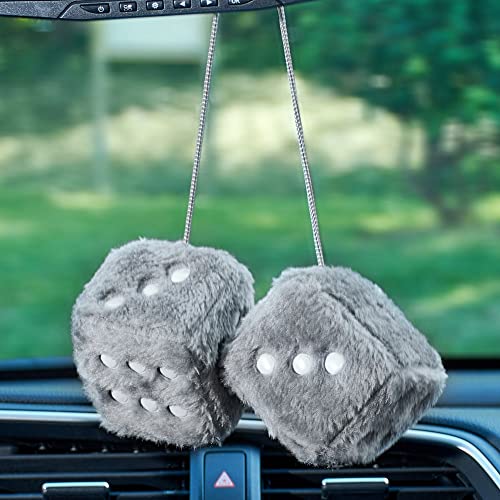 Image of 2.95'' Retro Fuzzy Plush Dice Car Charm Square Plush Dice Car Rear View Mirror Hanging Ornament Car Mirror Hanging Accessories, Gray