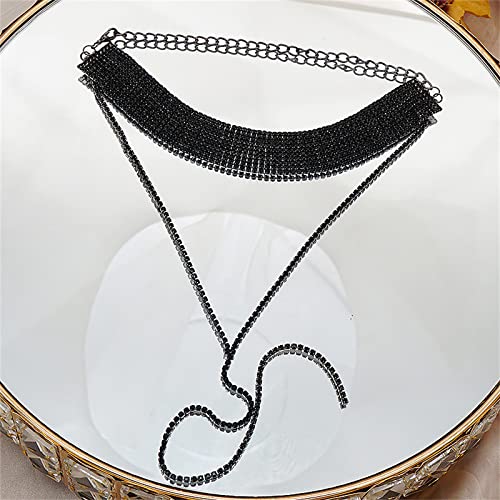 JewelryWe Schmuck Frauen Damen Multi Reihen Strass Choker Halskette Pullover Lange Kette mit Anhänger Halsband, Farben: schwarz