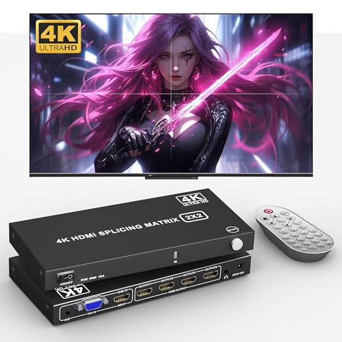 4K Video Wall Controller 2x2 TV Wall Controller 4x1 - HDMl Video Wall Processor with Remote, 8 Splicing Modes, HDMI/VGA Inputs, Splicing Display for 4 TV Screens into 1 Wall Display