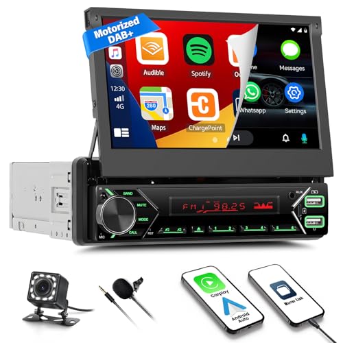 DAB+ Autoradio 1 Din mit Wireless Carplay Android Anto Bluetooth 7 Zoll Motorisierte Bildschirm Ausfahrbarem Display Type-C Laden USB/AUX/TF/FM Radio Mirrorlink SWC + Rückfahrkamera Mic