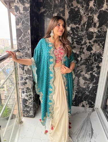 Image of Women Indo Western Dhoti Set with Blouse and Shrug Sequins Embroidery Bandhani Print Ethnic Wear