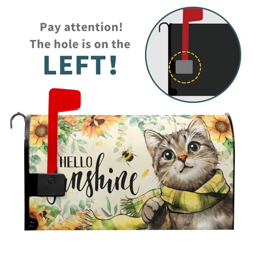 Image of Hello Sunshine Cat Magnetic Mailbox Cover for Garden Yard, Summer Sunflowers Bee Kitten Waterproof Mailbox Wrap Post Cover for Outdoor Outside Patio Decor, Large Size 25.5x21 Inch