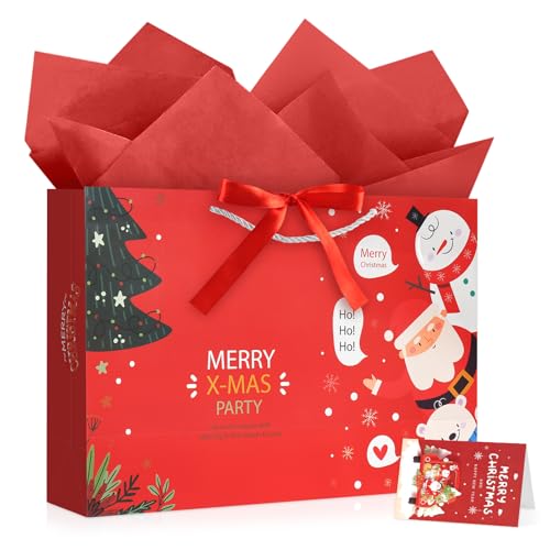Image of JMANNI Christmas Gift Bags,1PCS Large christmas Gift Bag with Ribbon and 1 Greeting Card 2 Tissue Papers, Portable Paper Gift Bag with Handles, Reusable and Perfect For Your Xmas Presents （Red）