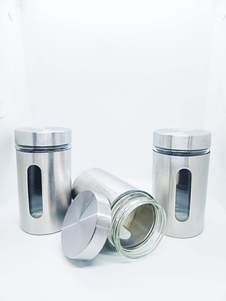 NURAT® Clear Glass Steel Window Jars for Kitchen Storage Food Spices Canister, Airtight Food Storage |Airtight Steel Container Set for Kitchen (800 ML) Set of 3
