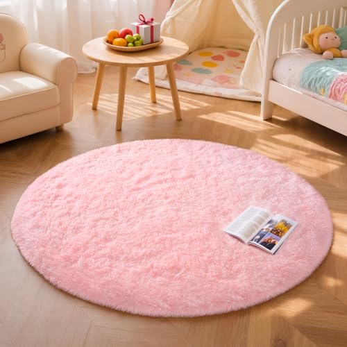 Pink Round Rug for Bedroom, 5Ft Fluffy Circle Area Rugs for Living Room, Shag Fuzzy Carpet for Kids Room, Nursery, Dorm, Classroom, Teen, Cute Baby Play Mat Home Decor Aesthetic