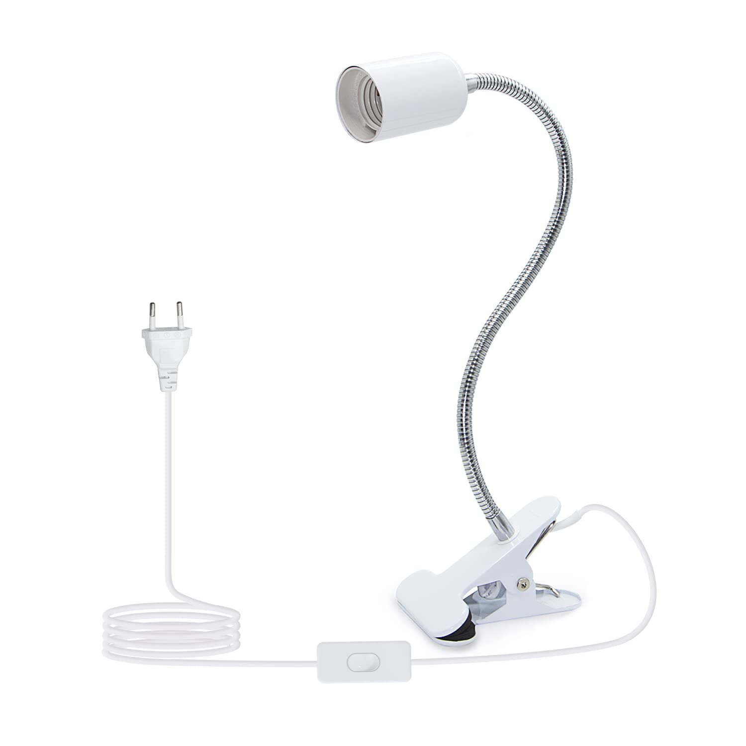 LAKONEI Lámpara E27 con Pinza Lámpara de Clip de Metal Lampara Pinza con Cuello de Cisne Ajustable de 35cm Lámpara Escritorio LED para Lectura Nocturna con Interruptor y 220 CM Cable