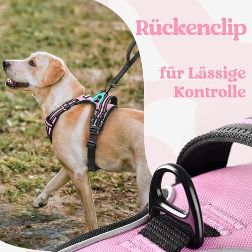 rabbitgoo Hundegeschirr Grosse Hunde, Verstellbare Geschirr Hund ohne Zug & Würgen, Anti Zug Hundegeschirr mit Griff, weich Gepolsterte Reflektierende Brustgeschirr, Rosa L
