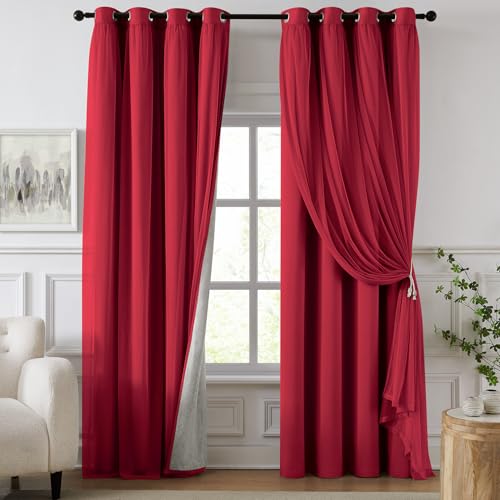 Image of 100% Blackout Curtains for Bedroom, Double Layer Red Curtains, Black Out Curtain 63 inch Long with Sheer Overlay for Living Room, Room Darkening Window Drapes with Grommet, 52 inch W x 63 inch L