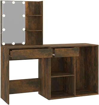 Engineered Wood Dressing Table with LED Lights and Cabinet in Smoked Oak Finish, Cosmetic Table with USB LED Bulbs for Adjustable Illumination