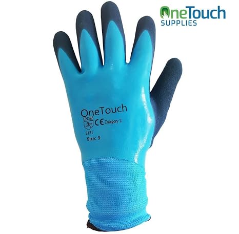 A406 6 Pairs Blue Waterproof Fully Latex Coated Nylon Safety Work Gloves Heavy Duty Grip Gloves Winter Gloves Builder Gloves (Medium/8)