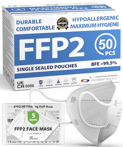 FFP2 NR Masks Pack of 50 - UKCA certified, controlled supply chain, comfortable, hypoallergenic, and adjustable elastic bands. Safe: filtration in wear simulation 99,5%. Single sealed pouches