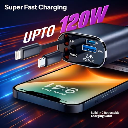Image of Upix 4-in-1 Retractable Car Charger 120W Super Fast Charging, Dual Ports Car Adapter with Type-C & Lightning Cable for iPhone, Android, ipad - Compact & Tangle-Free