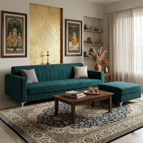 Image of Amelia Rich 5 Seater L Shape Sofa Set with Movable Ottoman | Flexible Layout | Spacious Soft Touch Seating | Modern Sofa for Living Room (Greenish Teal)