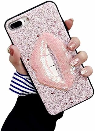 YonMeet 3D Lips Case for iPhone Xs X 10 8 7 Plus Bling Glitter Sexy Makeup Case TPU Bumper PC Hard Protective Shining Lipstick Kiss Covers (iPhone X/XS, Pink)