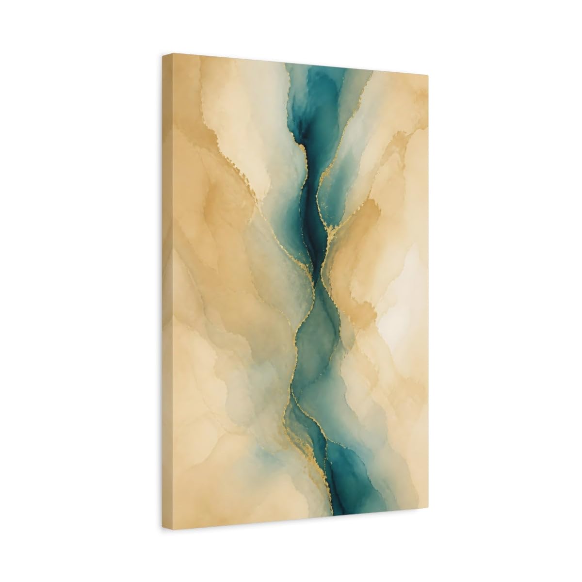 Abstract Flow Teal Gold Canvas Print – Decor for Living Room, Above Fireplace 16×24 inch (40×60 cm) - Vertical / 1.25 inch (3 cm)