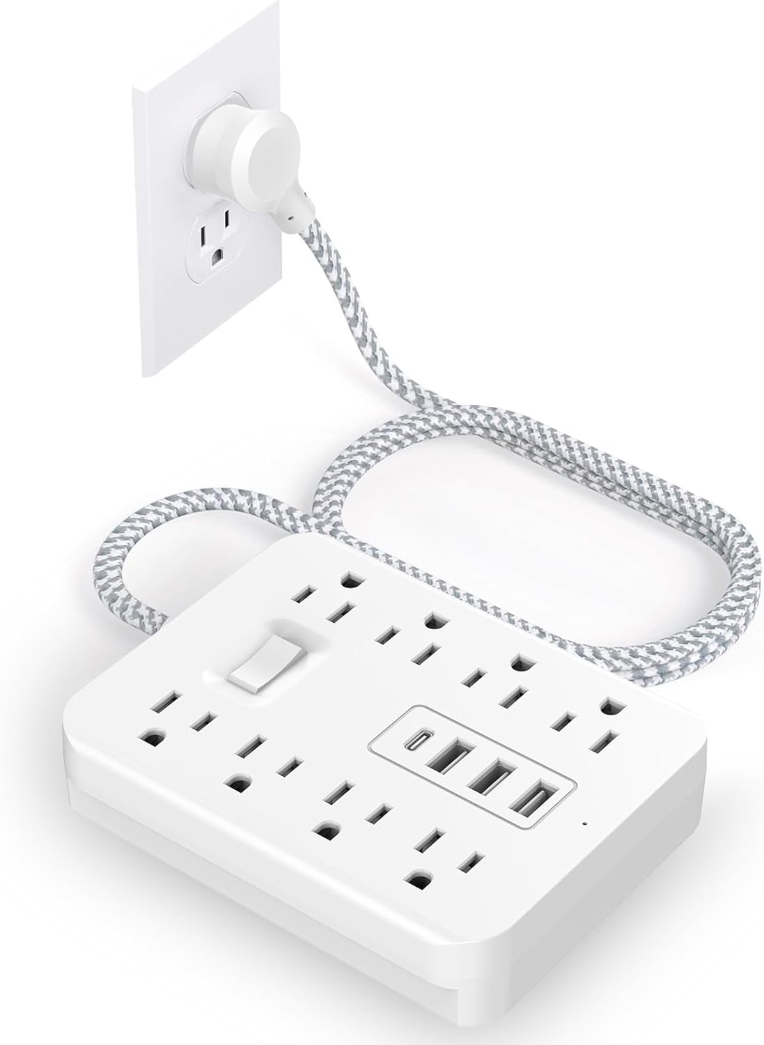 Flat Plug Power Strip with Surge Protector, 8 AC Outlets + 3 USB Ports + 1 USB-C, 5ft Extension Cord for Desktop, Travel, Home & Office(White)