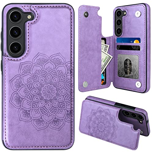 MMHUO for Samsung Galaxy S23 Case with Card Holder,Flower Magnetic Buttons Protective Wallet Cover for Women for Samsung Galaxy S23 5G (2023),Purple