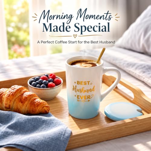 Image of ZAICUS Best Husband Ever Coffee Mug with Lid & Spoon, Gift for Husband | Suitable for Hot & Cold Beverages | Ceramic Mug | Elegant White & Blue Finish