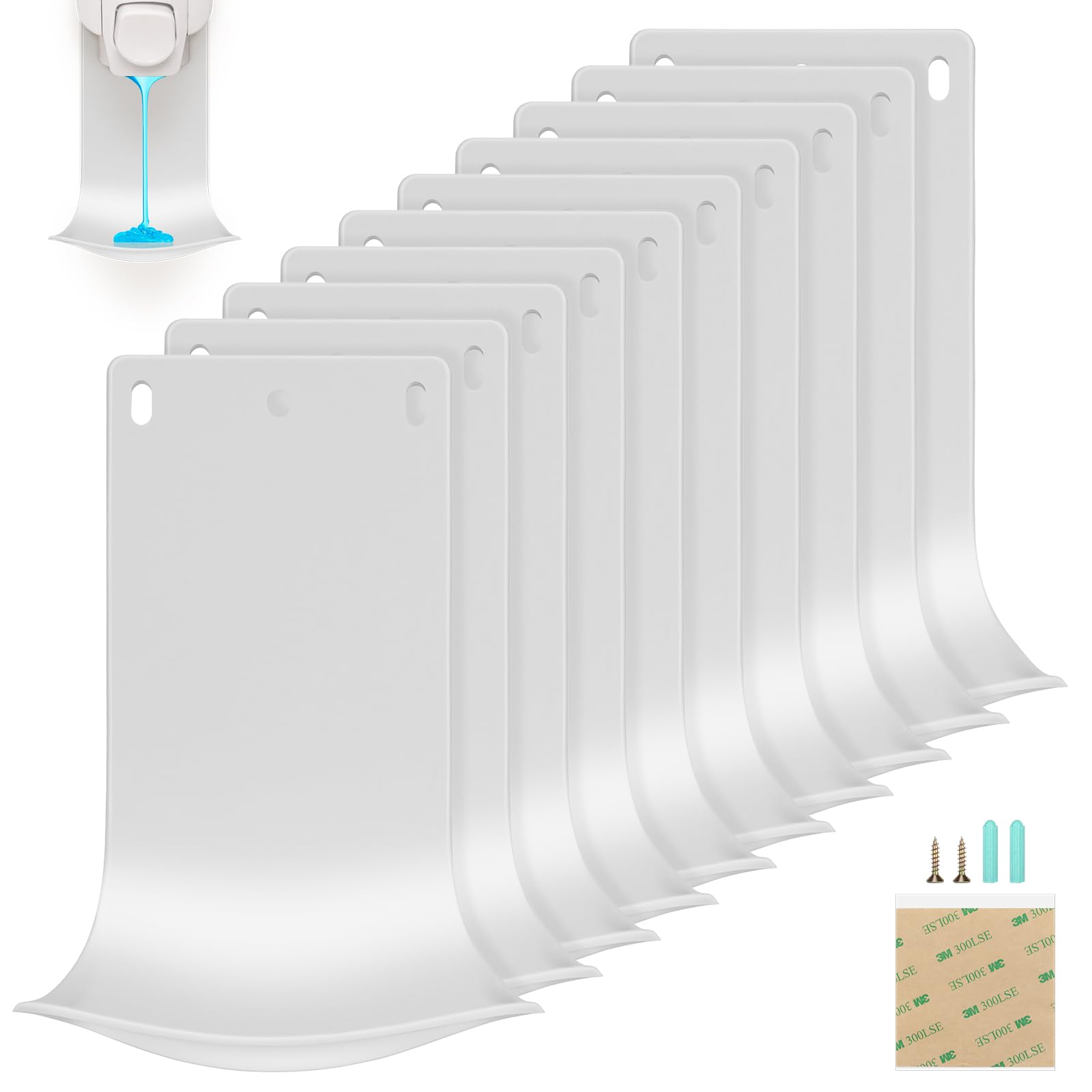 10 bandejas dispensadoras de goteo para montaje en pared, soporte dispensador de jabón, colector de goteo de detergente para ropa que evita goteos y pulverizaciones, fácil de limpiar (blanco)