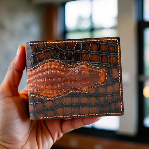 Men's RFID Blocking Leather Wallet - Luxurious Handmade Crocodile Pattern Bifold with 3D Embossed Design, Premium Full Grain Leather, 6 Card Slots (Dark Brown)2