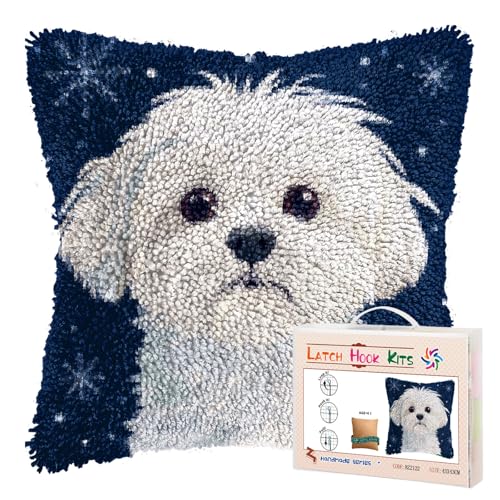 Latch Hook Pillow Kits for Adults Merry Christmas Maltese Dog DIY Pillow Cover Printed Pillowcase Crochet Yarns Hooking Handmade Cushion for Home Sofa Decoration 17x17inch(8)