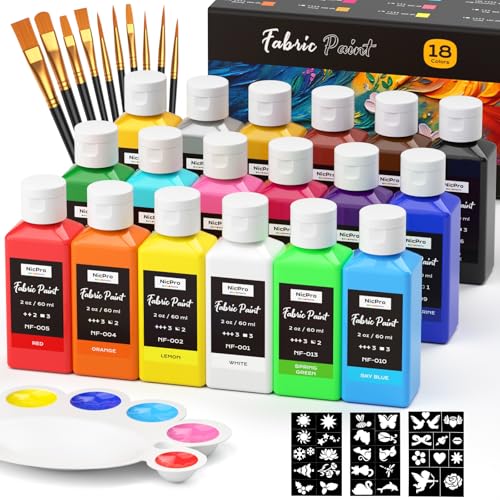 Nicpro Pintura para Tela Lavable 18 Colores de Pintura Textil 60 ml, Pintura para Ropa Permanente con 10 Pinceles, Paleta, Plantillas, No Tóxicas, para Camisetas, Zapatos, Bolsos, Jeans