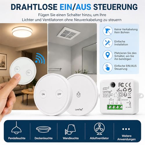 Funk Lichtschalter Set mit 1 Fernbedienung und 1 Empfänger, 230V Funk