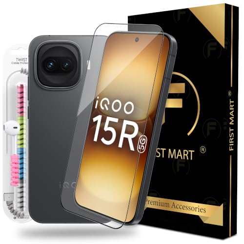 Image of FIRST MART Tempered Glass for iQOO 15R, 9H 0.3 mm Full-Glue Screen Protector with Cable Protector, 3D Edge-to-Edge, HD Clear, Case-Friendly, Black, Pack of 1