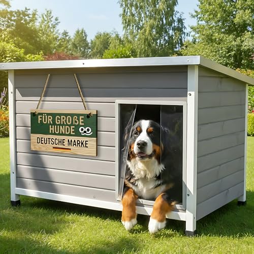 zooprinz Exklusive Hundehütte Jacky – aus wetterfestem & massivem Holz mit Metallrahmen, Dach zum Öffnen, Lamellentür & Kunststofffüßen – Hundehütte für Indoor und Outdoor (Hellgrau, XL)