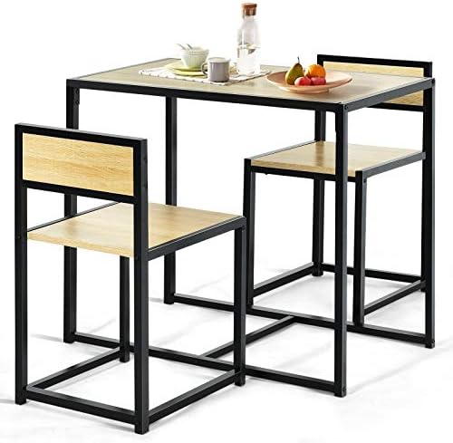 COSTWAY Dining Table Chairs, 3 Piece Metal Frame Kitchen Counter Furniture Include 1 Table and 2 Chairs, Home Office Living Room Breakfast Bar Table Set (Natural)