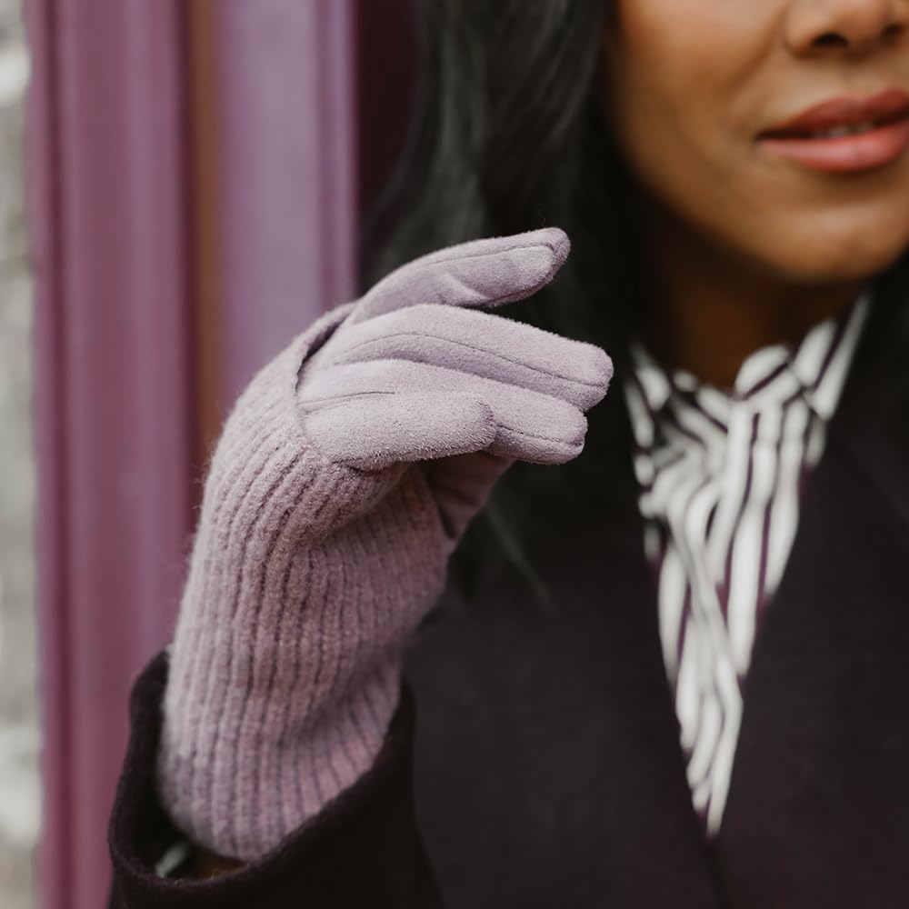 2-in-1 Faux Suede Gloves with Ribbed Knit Wrist Warmers, Pink