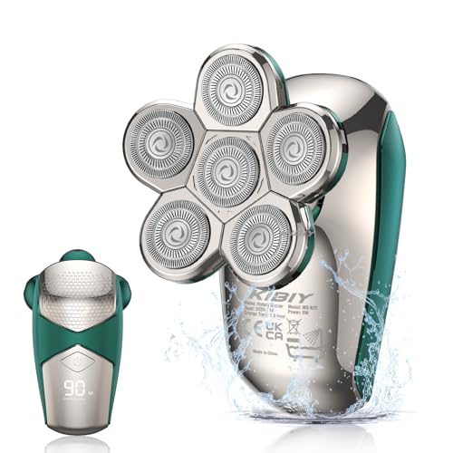 Head Shavers for Men, Kibiy Upgrade 5-in-1 Bald Head Shaver Cordless LED Mens Electric Shavers IPX7 Waterproof Wet Dry Rotary Shaver Grooming Kit with Beard Clippers,Type-C Charge (Green)