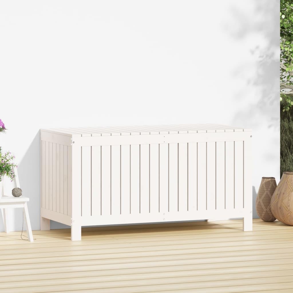 Baúl de jardín blanco de madera de pino maciza, 121 x 55 x 64 cm, con muelle de gas, espacio para herramientas de jardín, caja de cojines, caja de almacenamiento, caja de terraza, caja de