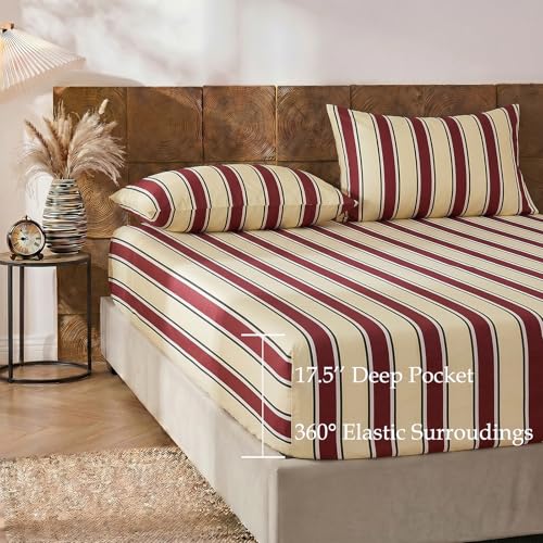 Image of Merryword 100% Cotton Sheet Set Queen Size - Burgundy & Cream Striped Bedding, Soft Breathable Percale Weave, Deep Pocket Fitted Sheet 17.5 inch, Luxury & Silky Soft Sheet Set for All Seasons