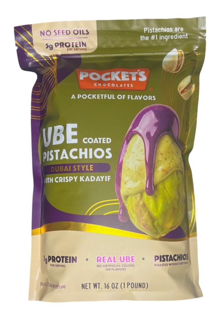 UBE Coated Pistachio Dubai Style with Crispy Kadayif, 16 oz – Premium Pistachio Snack with Ube Coating & Crunchy Kadayif, Sweet Gourmet Treat