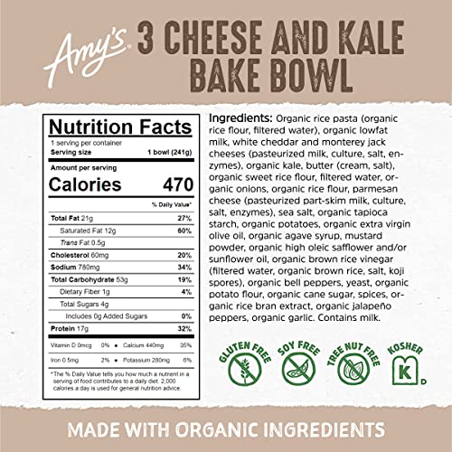 Amy's Frozen Meals, 3 Cheese And Kale Bake, Made With Organic Rice Pasta And Veggies, Gluten Free Microwave Meals, 8.5 Oz #TOP2