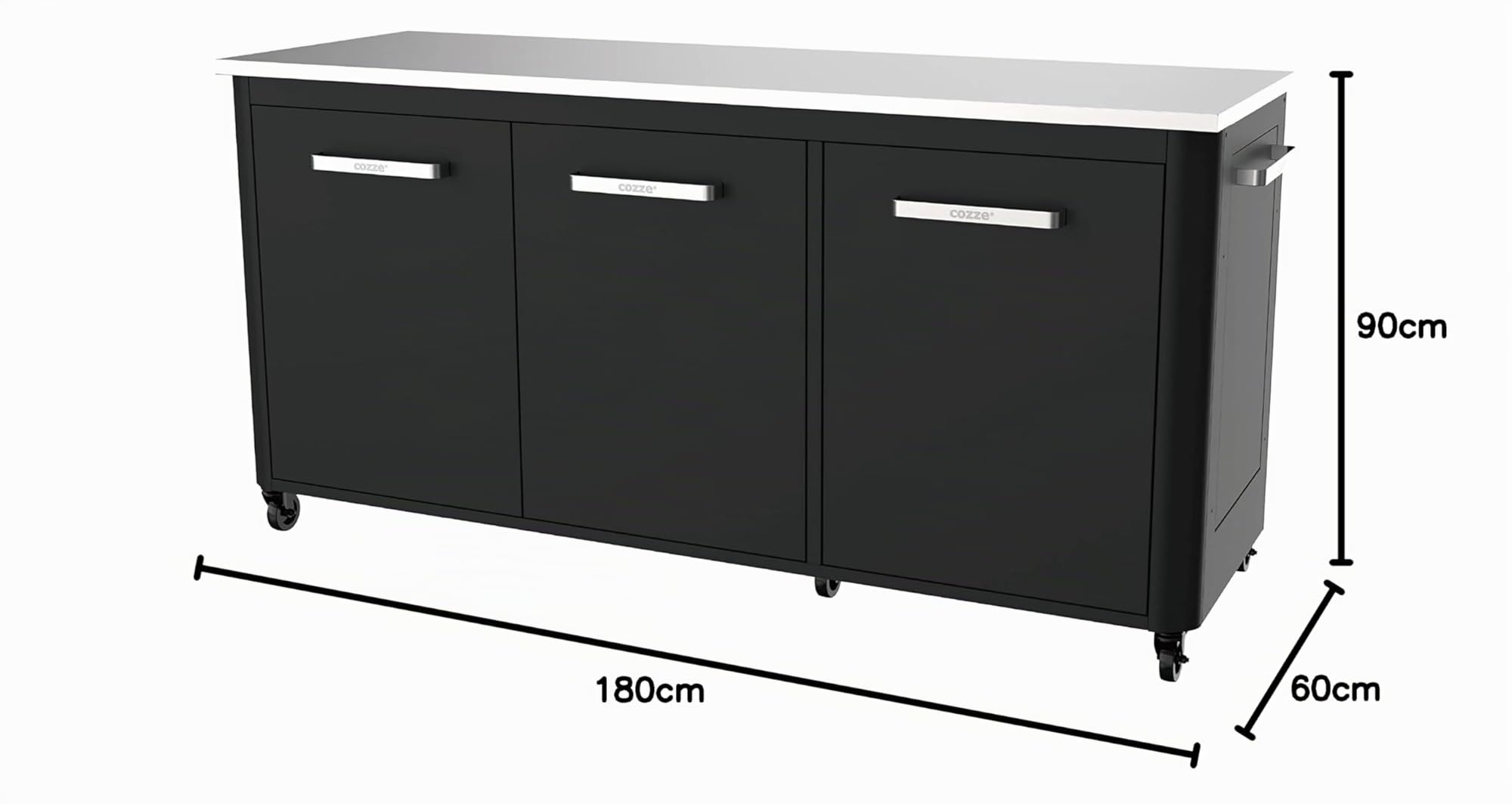 Cozze® Cocina de Exterior 180 con encimera INOX – módulo de Cocina Exterior Modular con 3 Puertas, Cubo de Basura Integrado, Soporte para 2 bombonas de Gas, 6 Ruedas, Carga 150 kg