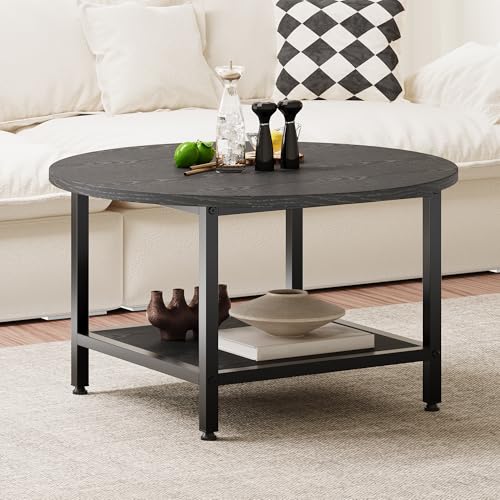 ARFARLY Round Coffee Table for Living Room, 2 Tier Coffee Tables with Storage Shelf, Modern Farmhouse Circular Coffee Table Centre with Sturdy Metal Frame Home Furniture, Black