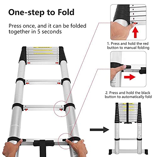 Image of Lukia Aluminium Portable and Extension 16.5 Feet (5 Meter) Telescopic Folding Aluminium Ladder for Household and Outdoor, 13 Steps, Anodized Silver with Safety Lock
